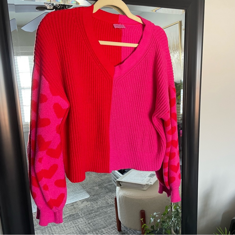 Red and Pink Heart Colorblock V-Neck Sweater